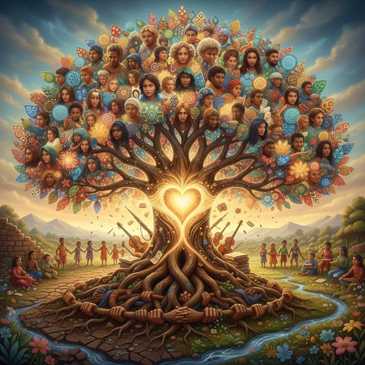 Albero della vita con volti di persone tra le foglie e mani intrecciate alle radici &mdash; l'unione di Tarocchi e Costellazioni Familiari